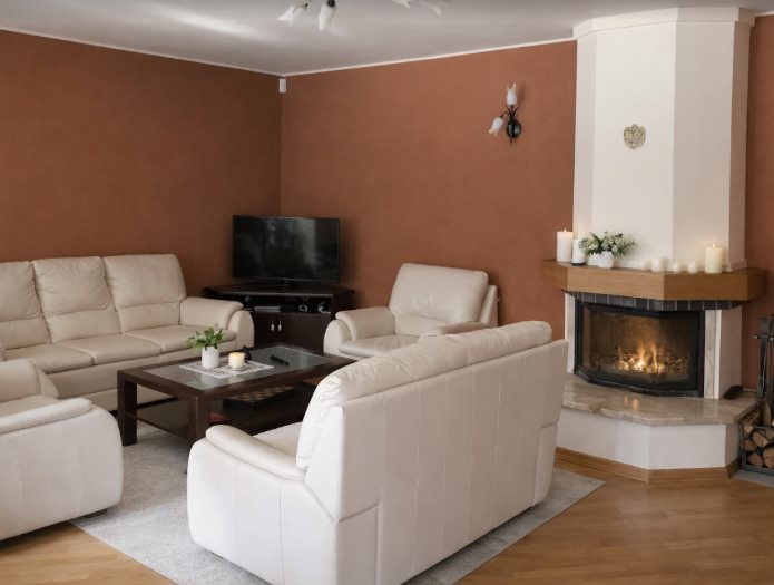 Salon z drewnianą zabudową kominka